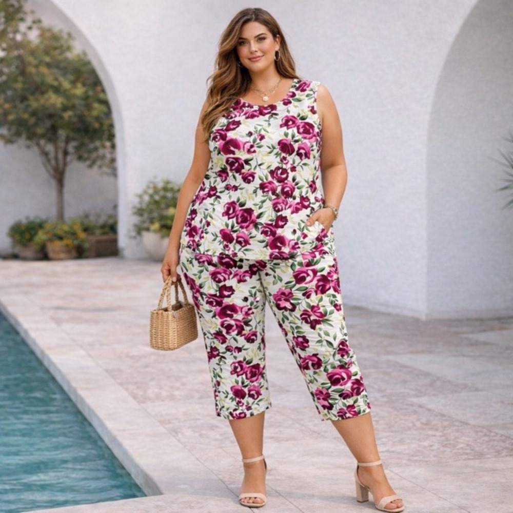 Los Angeles Woman Pink Rose Floral 2 Piece Set Sleeveless‎ Top Cropped Pants 24